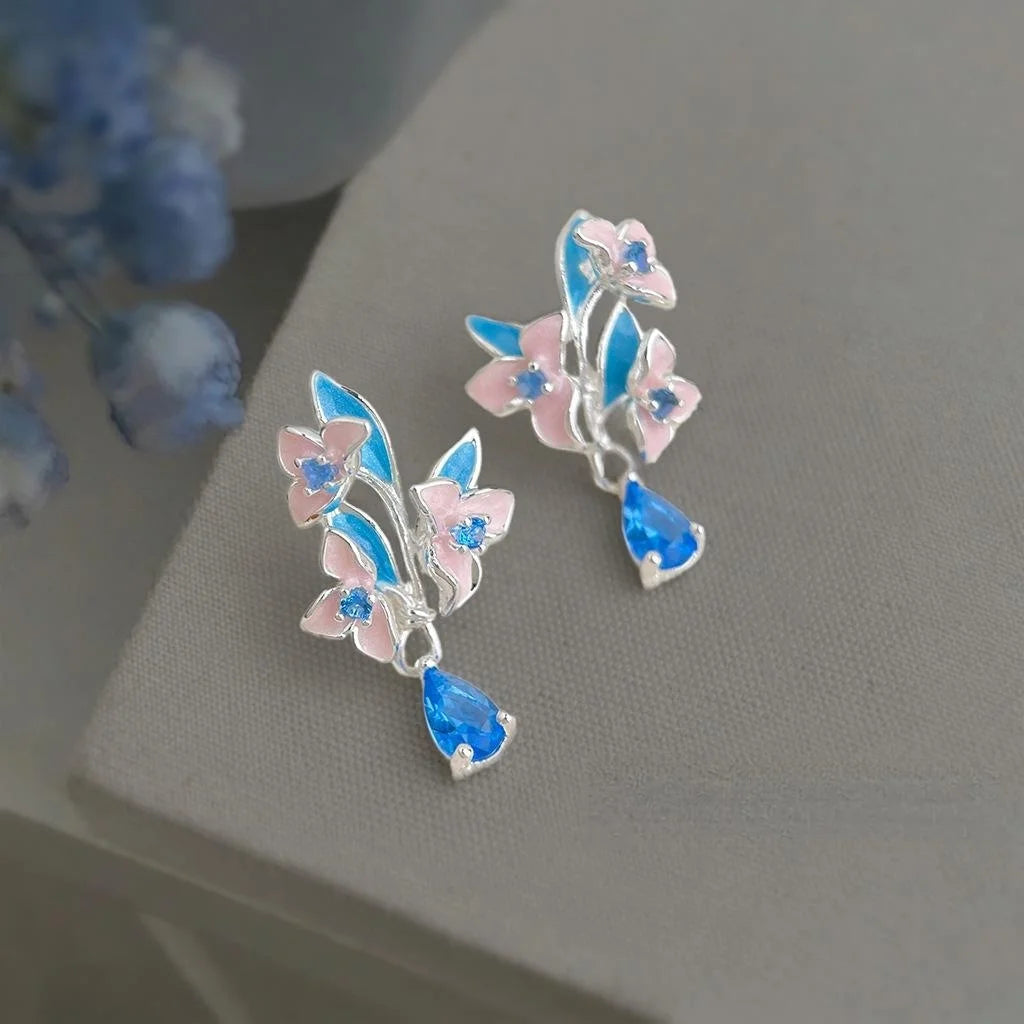 Hand Painted Enamel Orchid Drop Earrings Eco Copper Aquamarine Zircon Floral Sweet Jewelry
