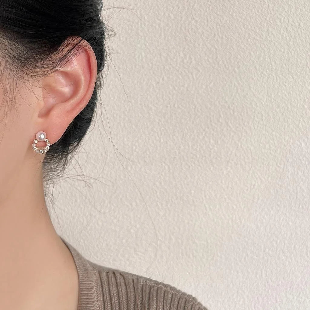 14K Gold Plated Copper Zircon Pearl Geometric Round Mini Stud Earrings For Women