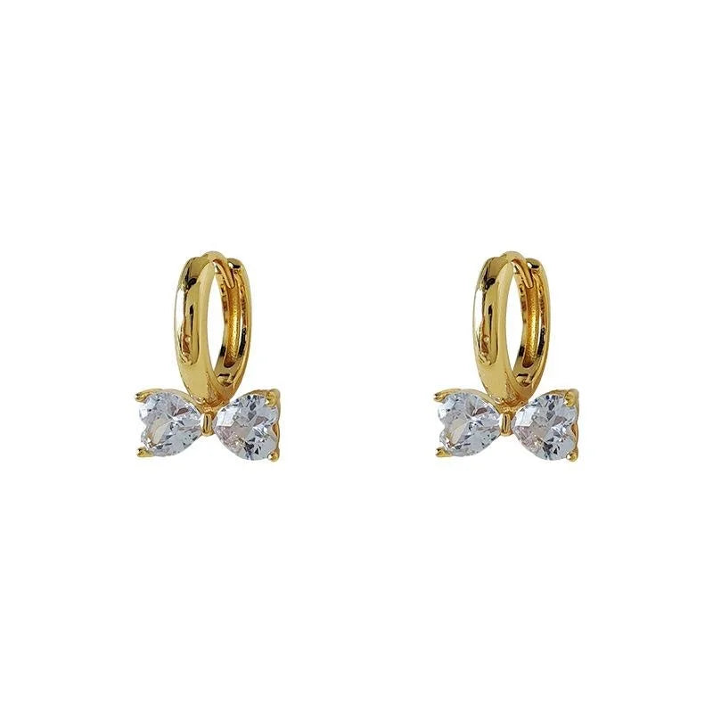 French Elegant 14K Gold Plated Copper Zircon Bow Drop Earrings For Women