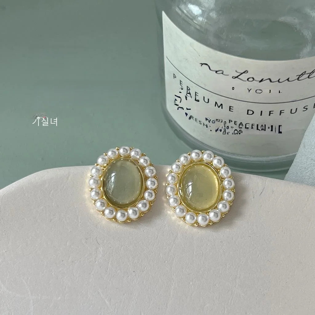 Summer Oval Pearl Stud Earrings 14K Plated Copper Forest Style Jewelry