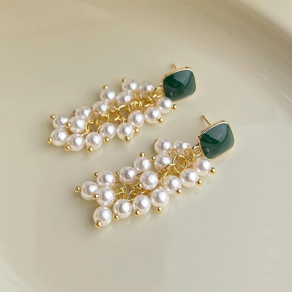 French Vintage Copper Pearl Grape Cluster Tassel Stud Earrings For Women