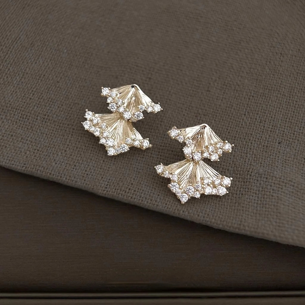 Champagne Gold Micro Pave Zircon Geometric Ginkgo Leaf Tassel Drop Earrings Eco Copper