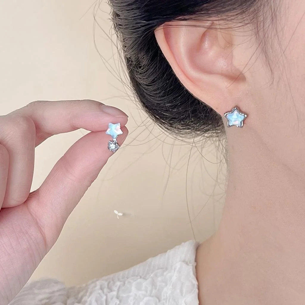 Fresh Dainty Star Stud Earrings Copper Glass Crystal Micro Pave Zircon Cute Minimalist Jewelry