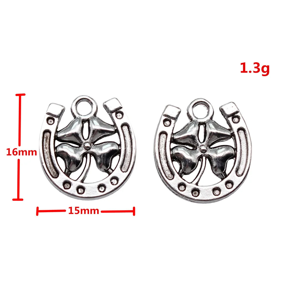 16x15mm 1.3g Antique Silver Zinc Alloy Four Leaf Clover Horseshoe Charm Pendant for DIY Jewelry Making