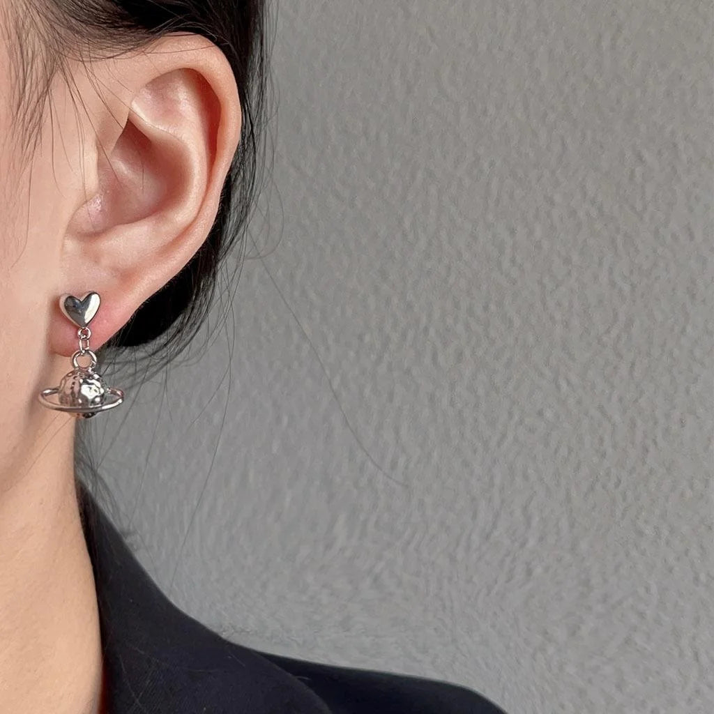Sweet Cool Silver Tone Metal Planet Geometric Stud Earrings Style Minimalist Ear Jewelry