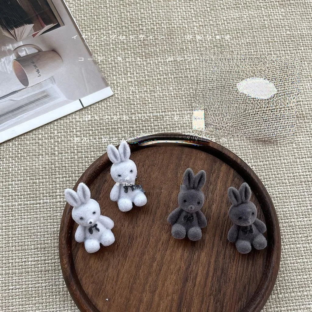 Cute Flocked Bunny Silver Plated Pin Stud Earrings For Women Korean Sweet Animal Jewelry