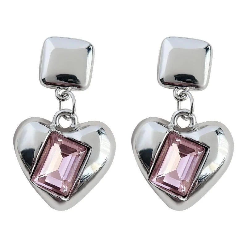 Sweet Cool Pink Glass Crystal Heart Drop Earrings Copper Fashion Statement Jewelry
