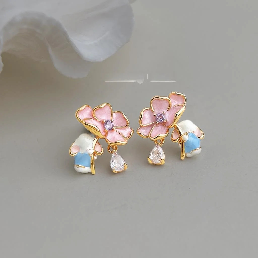 Cute Forest Rabbit Flower Drop Zircon Copper Stud Earrings, Niche Designer Animal Jewelry