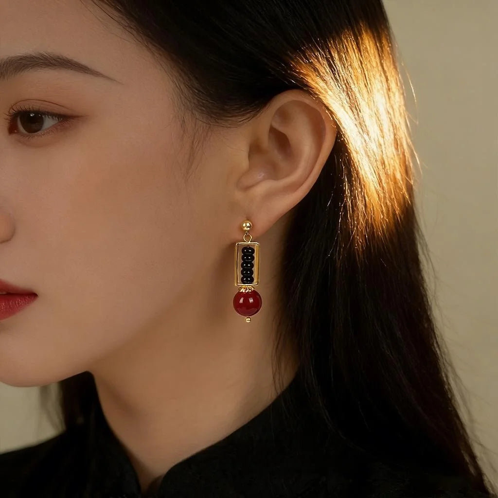 Red Black Handmade Chinese Style Geometric Drop Earrings With Glass Pearls And Natural Stone