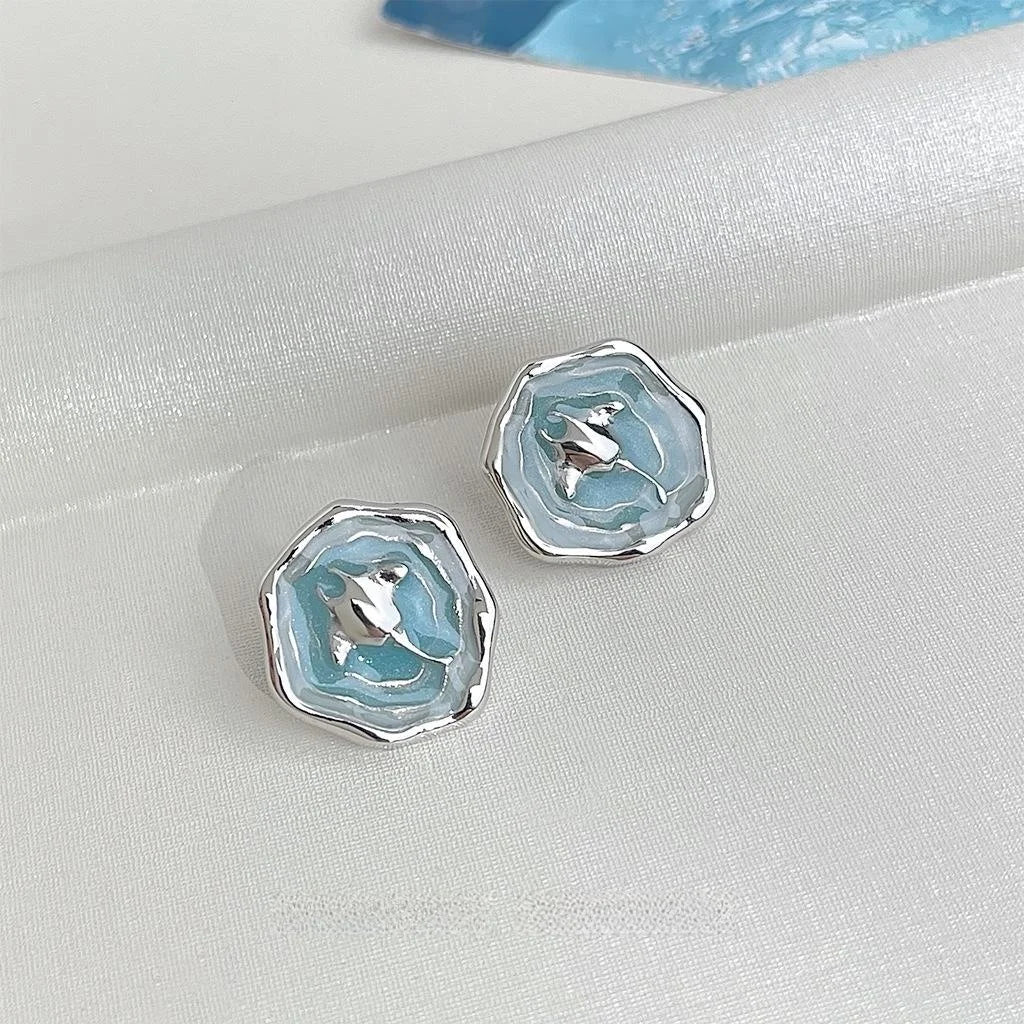 Blue Ocean Whale Stud Earrings Copper Silver Plated Gradient Enamel Animal Jewelry