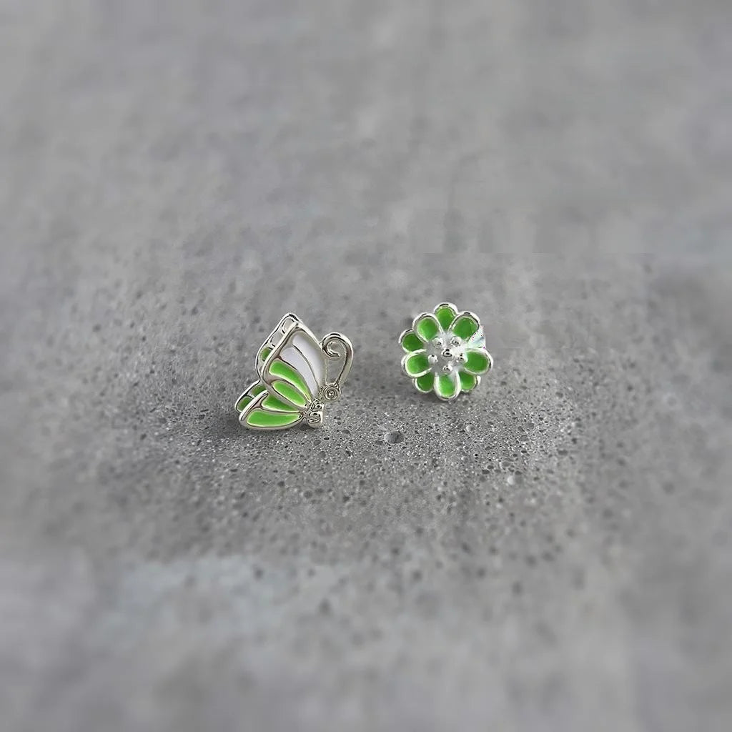Forest Style Copper Flower Butterfly Asymmetric Enamel Stud Earrings Sweet Elegant Jewelry