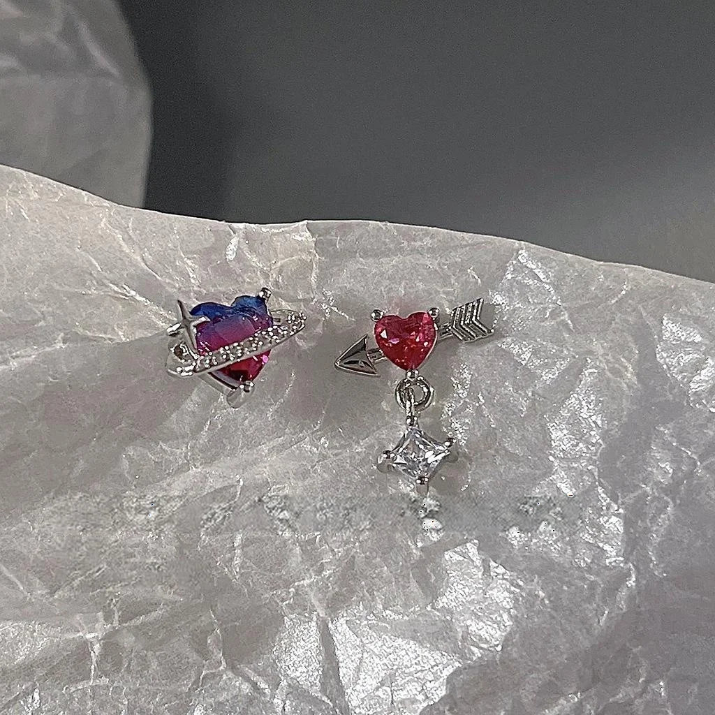 Sweet Cool Copper Micro Pave Zircon Arrow Heart Asymmetric Stud Earrings Iridescent Pink Trendy Jewelry