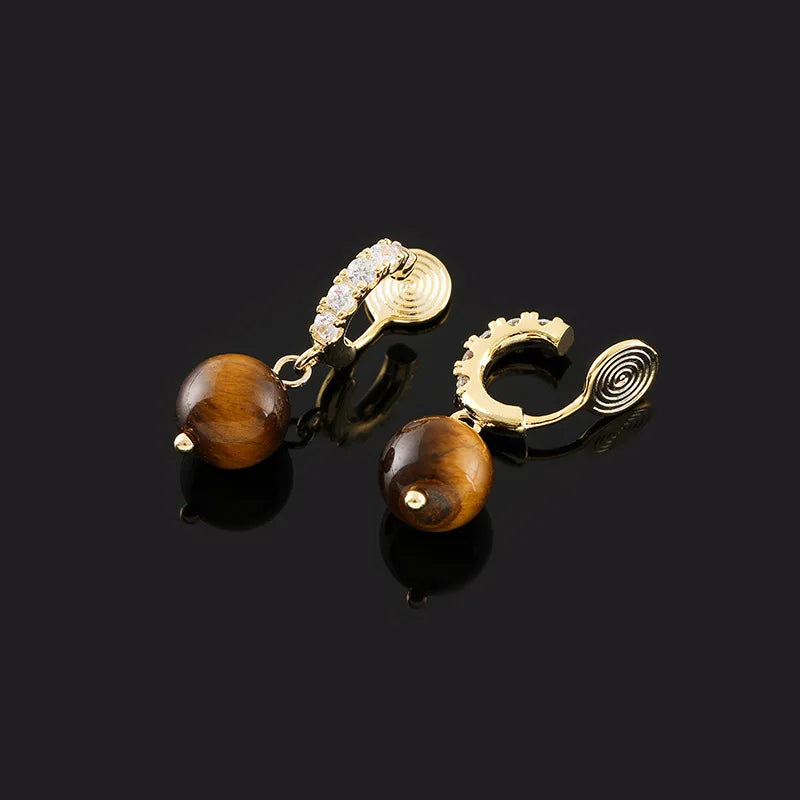 Vintage Tiger Eye Stone Bead Dangle Stud & Clip On No Piercing Zircon Spiral Disc Luxury Earrings