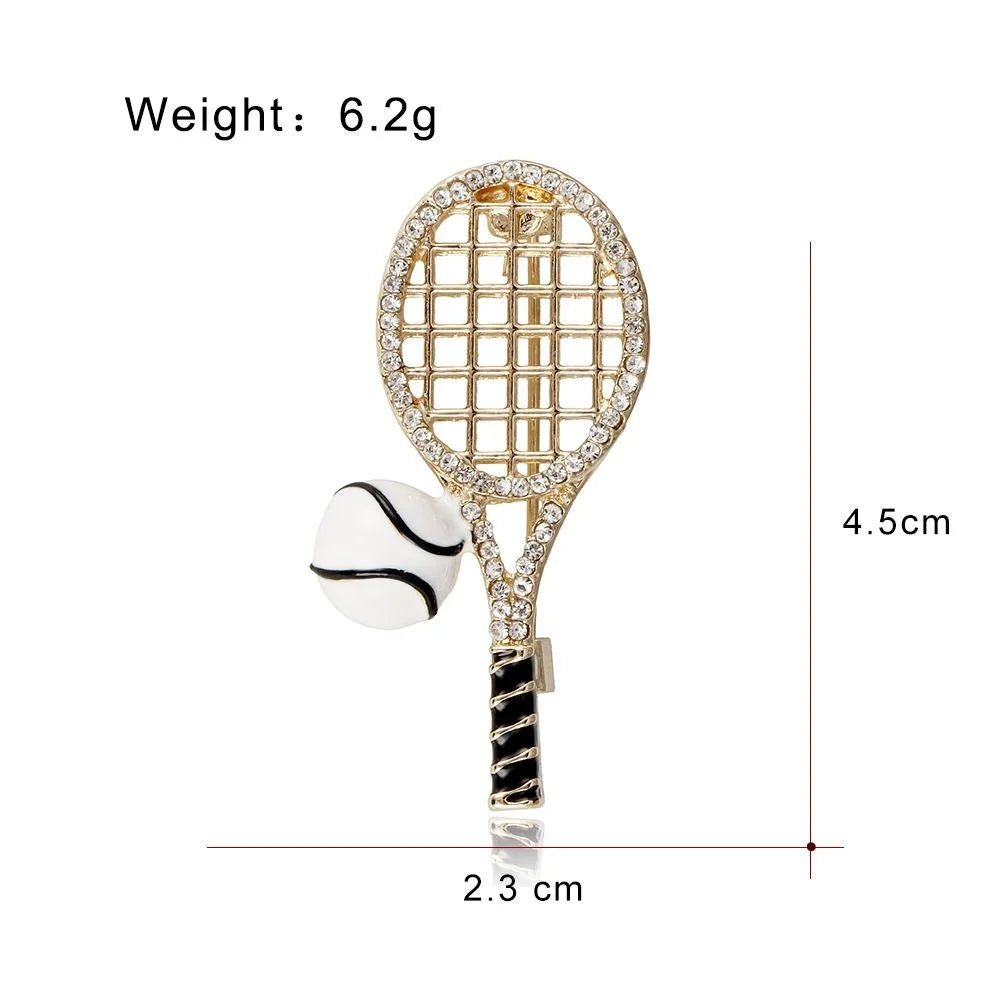 Elegant Rhinestone Enamel Tennis Racket And Ball Brooch, Gold Alloy Sports Lapel Pin Gift For Women