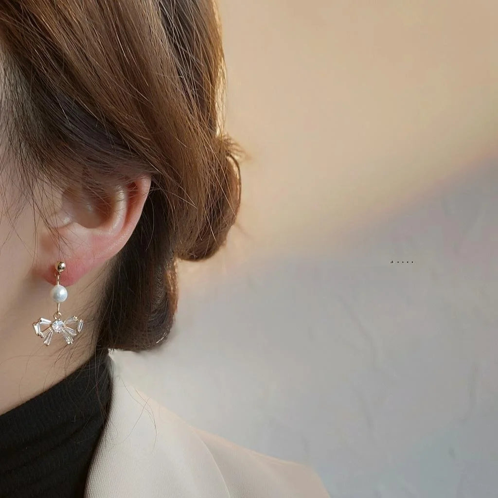 Korean Simple Zircon Bow Stud Earrings 14K Gold Plated Silver Handmade Jewelry