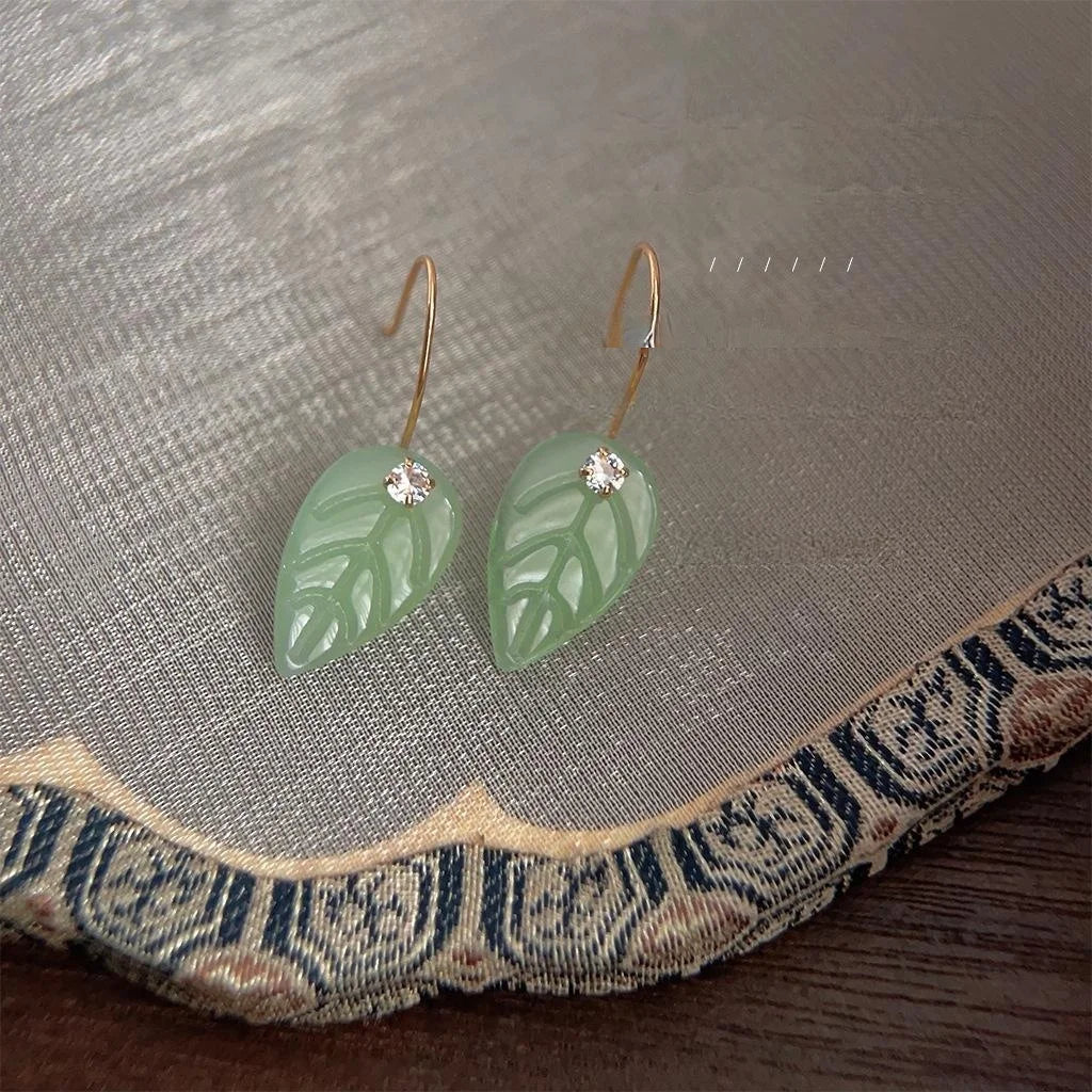 New Chinese Style Glass Synthetic Jade Leaf Tassel Drop Earrings With Micro Pave Zircon