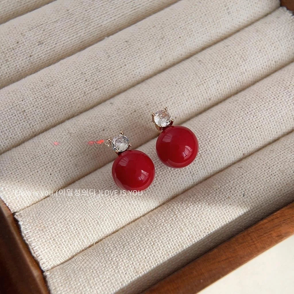 Elegant Glass Pearl Stud Earrings With Round Zircon, Copper Light Luxury Jewelry