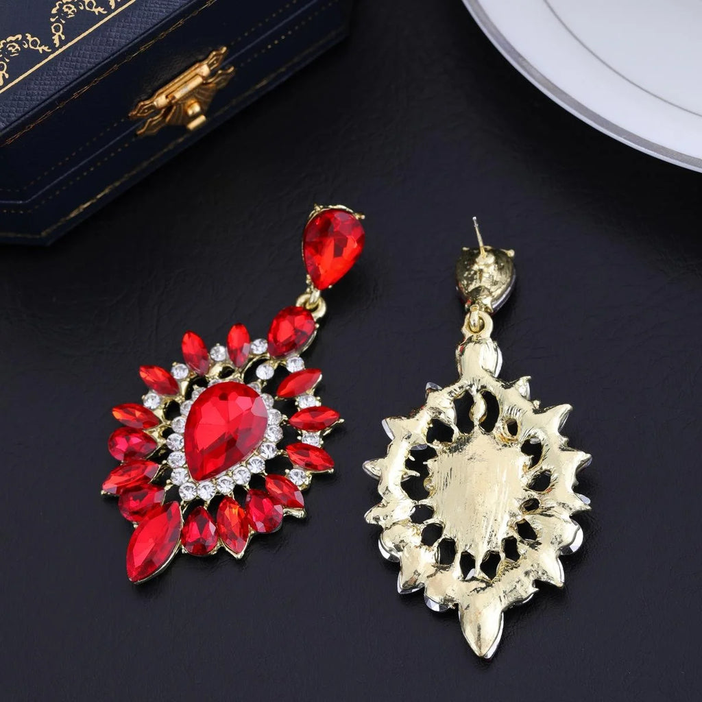 Vintage Luxury Red Crystal Rhinestone Teardrop Dangle Earrings, Gold Tone Alloy Bridal Wedding Party Banquet Gift