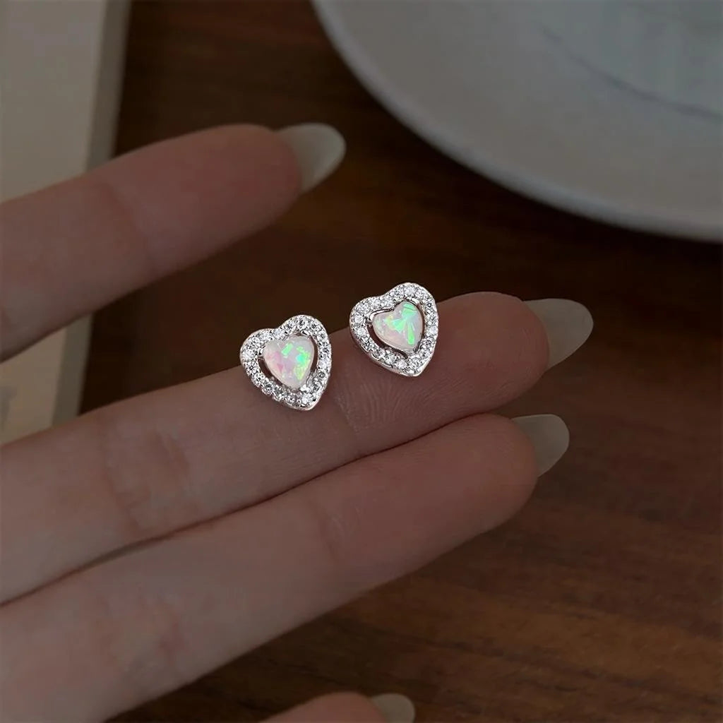 Sweet Cool Mini Heart Stud Earrings Copper Created Opal Micro Pave Zircon Jewelry