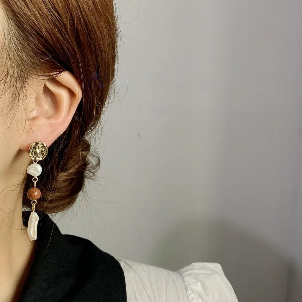 Vintage Handmade Irregular Freshwater Pearl Long Stud Earrings With Silver Plated Pins