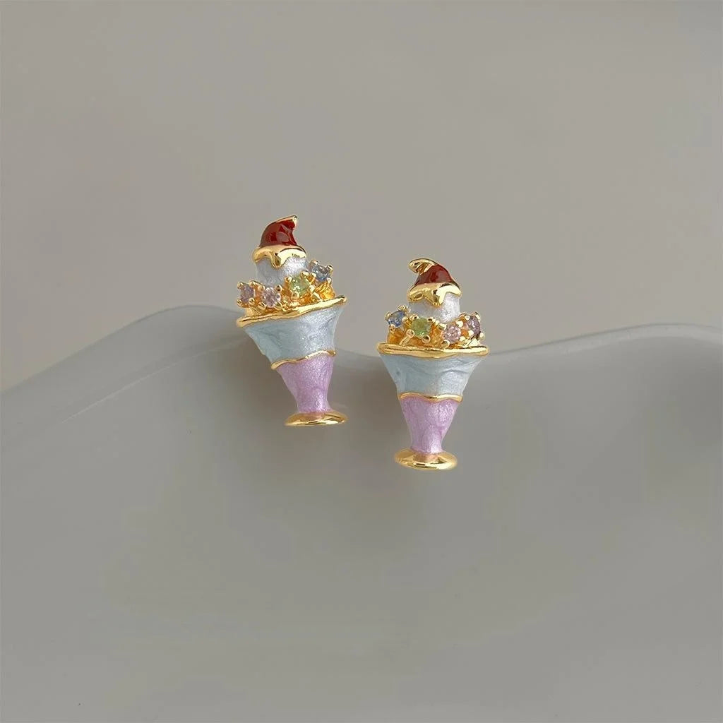 Cute Ice Cream Micro Pave Zircon Copper Stud Earrings Sweet Summer Jewelry For Women
