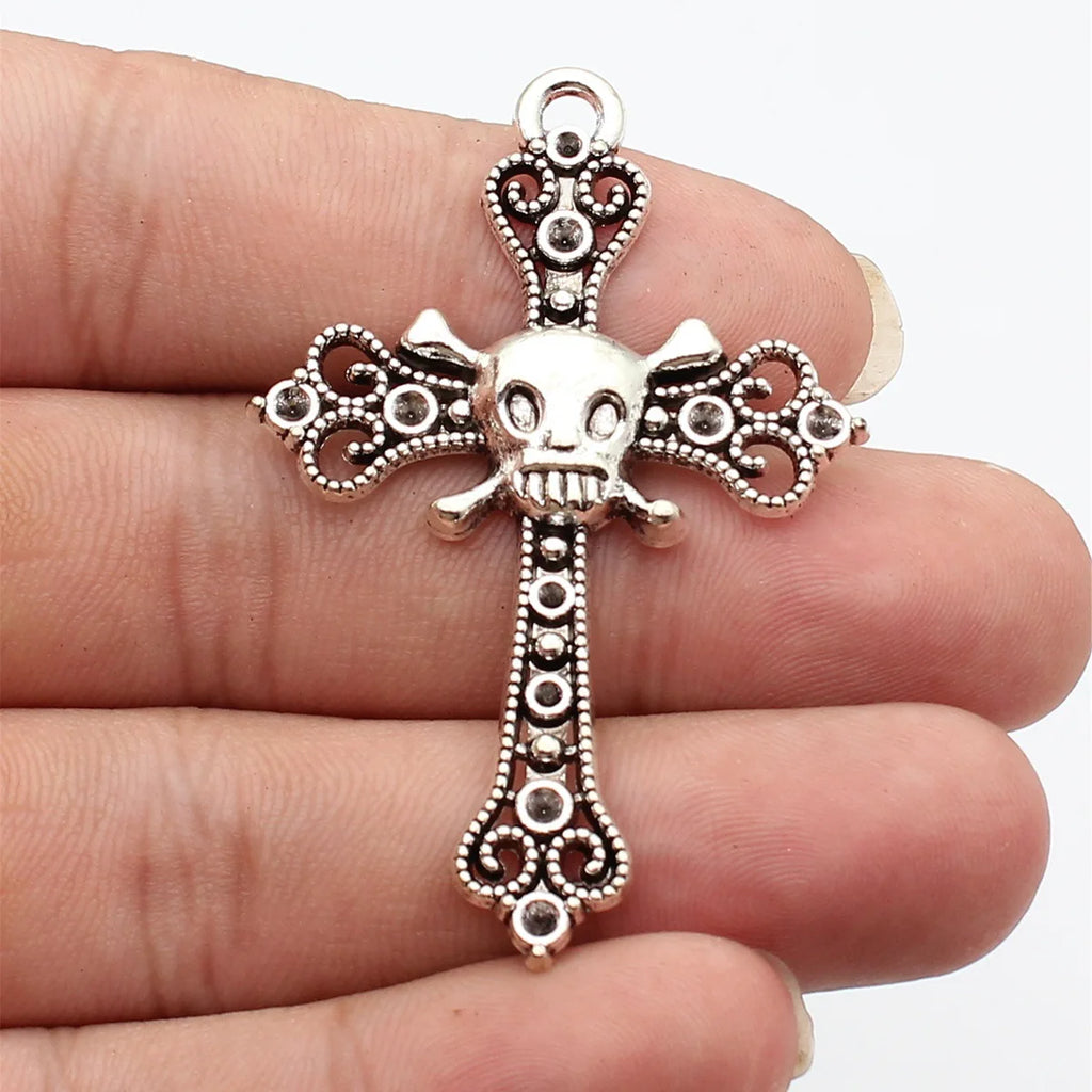59x38mm 5.5g Antique Silver Zinc Alloy Skull Cross Charm Pendant for Gothic DIY Necklace Jewelry