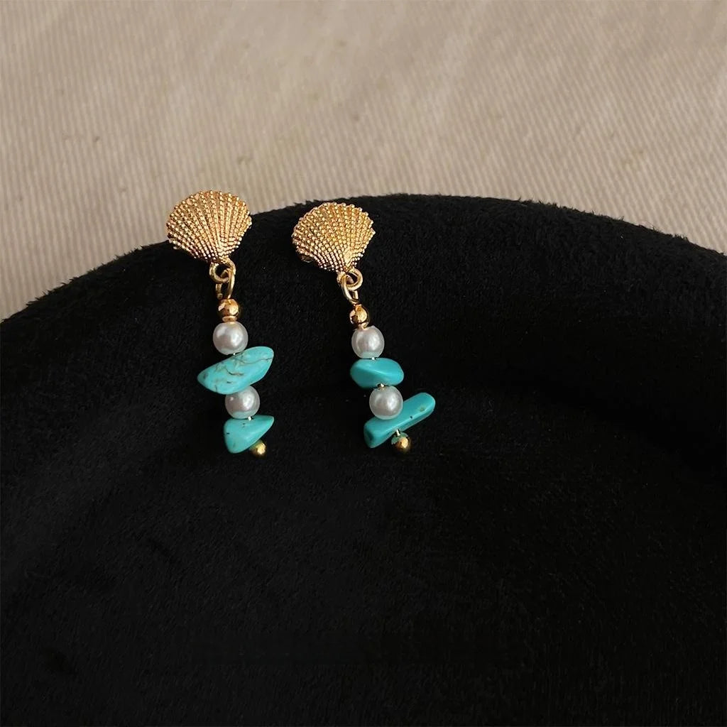 Original Designer Synthetic Turquoise Beaded Shell Pearl Eco Copper Boho Drop Earrings