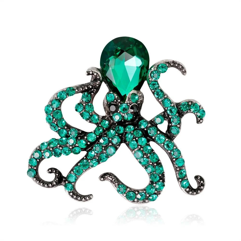 Luxury Rhinestone Crystal Octopus Brooch Pin, Ocean Animal Alloy Lapel Corsage Suit Accessory Gift