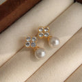 14K Gold Plated Copper Glass Pearl Flower Stud Earrings Elegant Micro Pave Zircon