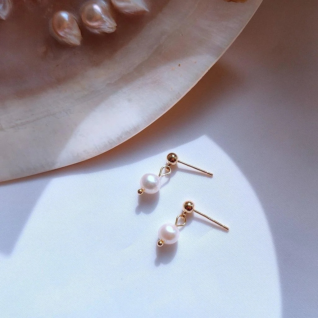 Silver Plated 14K Gold Natural Freshwater Pearl Geometric Minimalist Stud Earrings