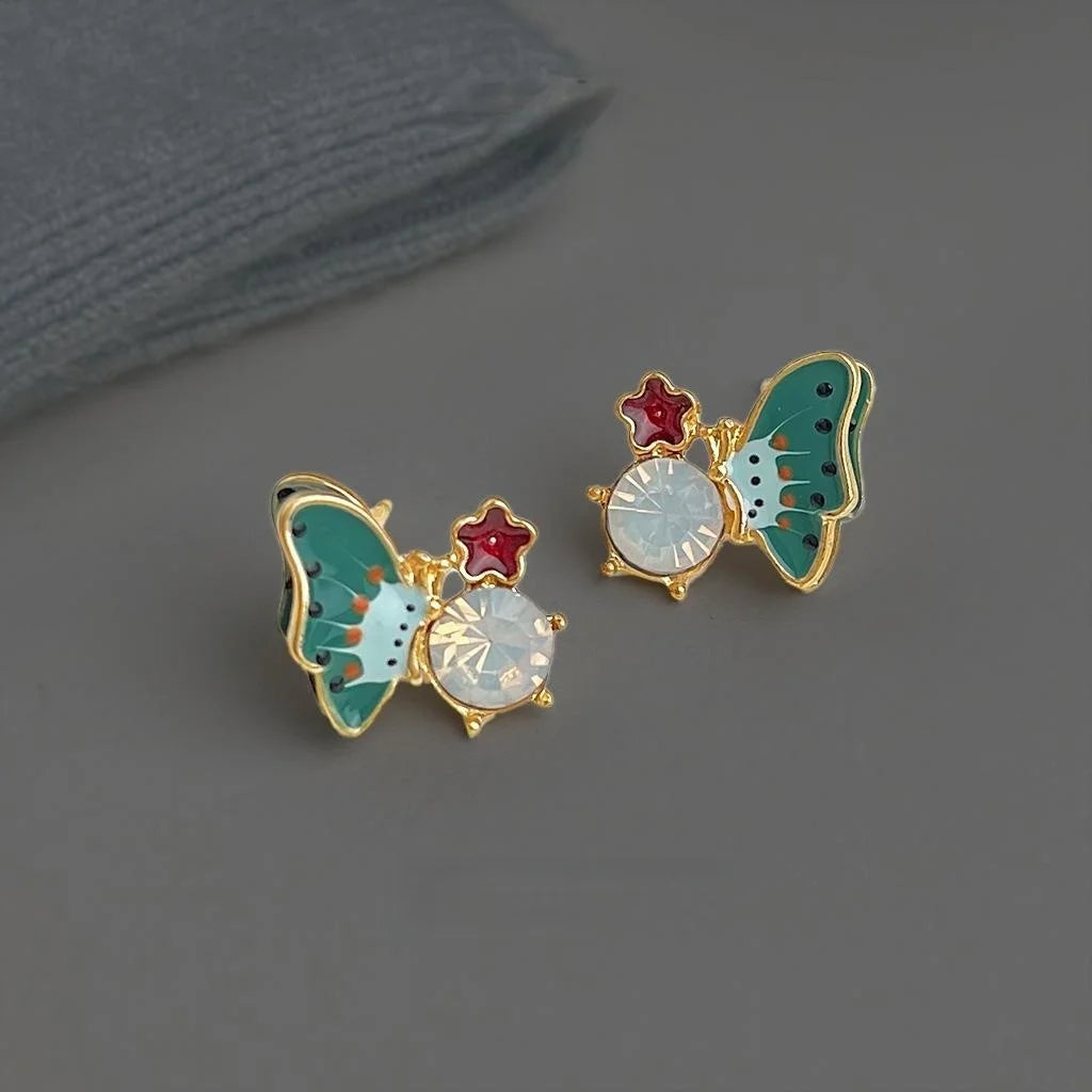 Hand Painted Enamel Butterfly Stud Earrings Eco-Friendly Copper Alloy Forest Fairy Jewelry