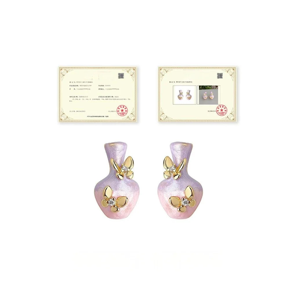 Hand Painted Drip Enamel Floral Vase Butterfly Copper Stud Earrings With Zircon