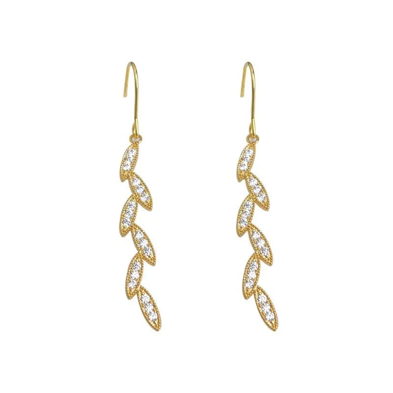 Light Luxury Copper Zircon Leaf Wheat Tassel Drop Earrings For Women