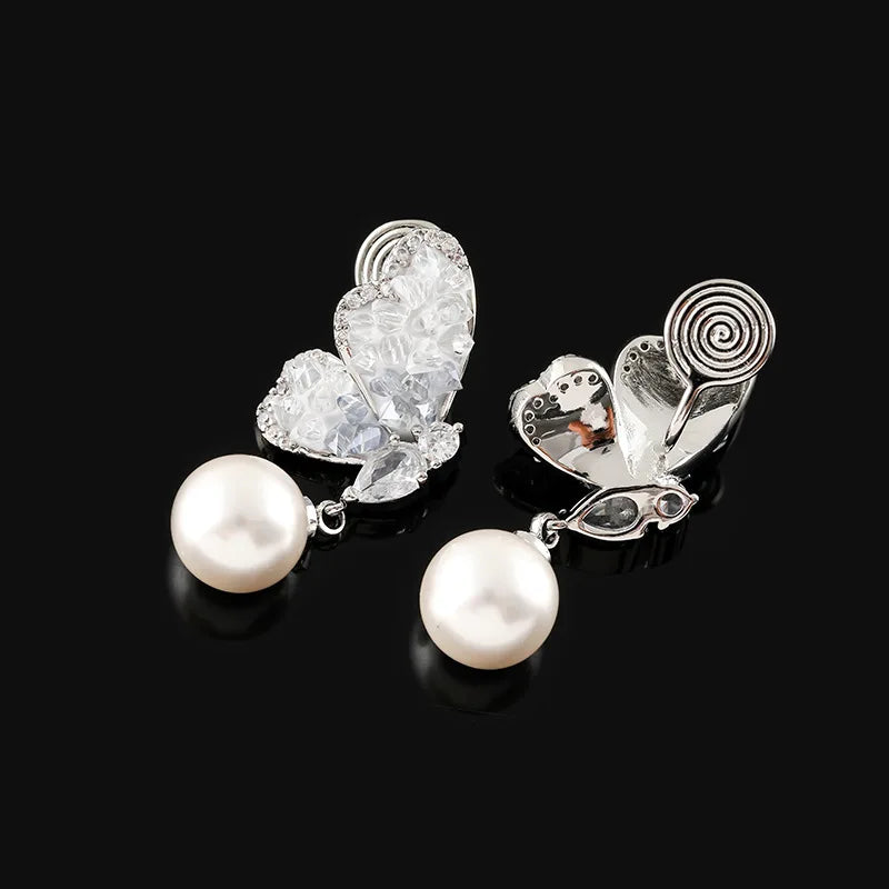 Elegant Blue Crystal Butterfly Pearl Drop Stud & Clip On No Piercing Luxury Rhinestone Earrings