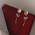 French Vintage Tulip Flower Drop Earrings Copper Glass Cat Eye Zircon Tassel Jewelry