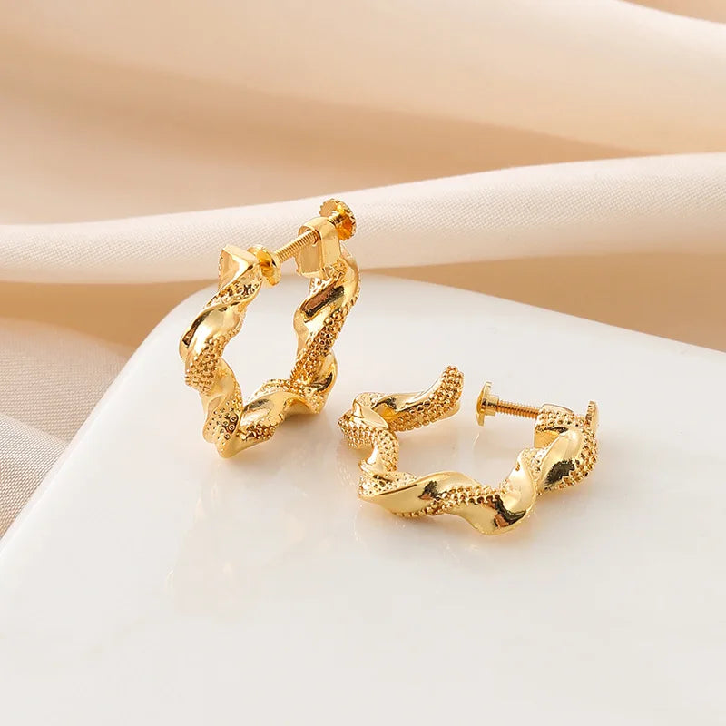 Elegant Gold Alloy Twisted Hoop Five Point Star Stud & Clip On No Piercing Textured Statement Earrings