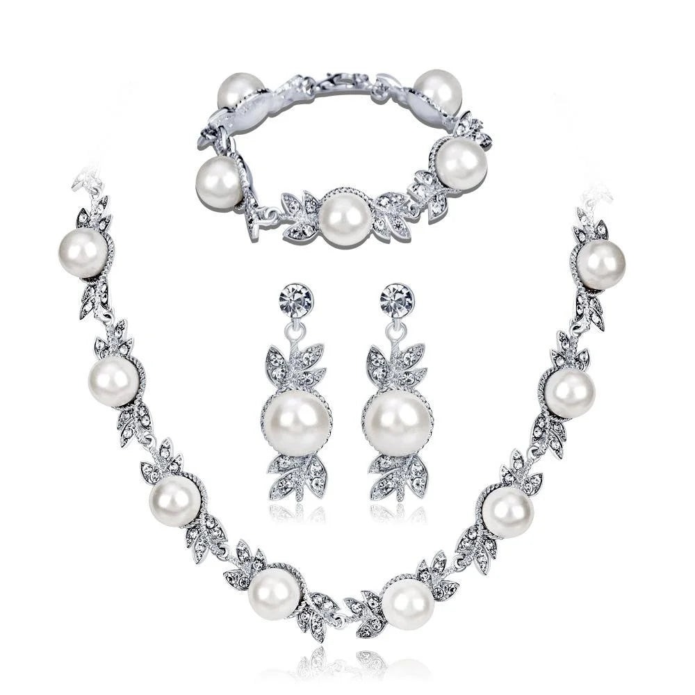 Elegant Bridal Pearl Rhinestone Leaf Earrings Necklace Bracelet Jewelry Set For Wedding Party Gift