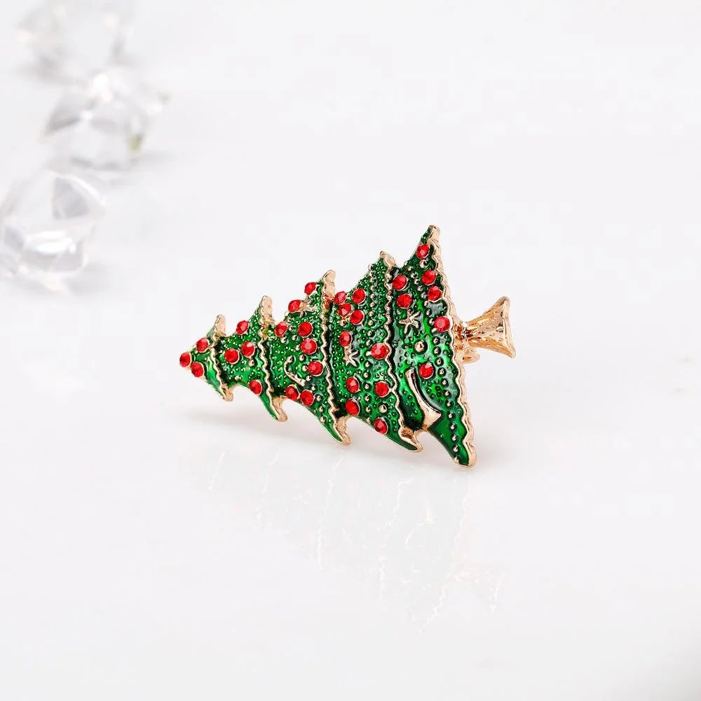 Elegant Christmas Tree Alloy Enamel Brooch With Red Rhinestones, Festive Lapel Pin Corsage Gift for Women