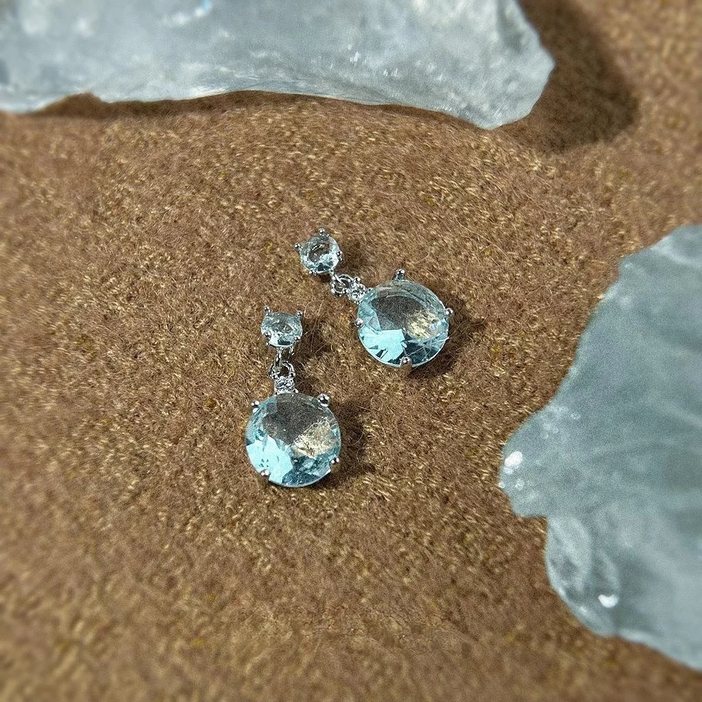 Aqua Blue Geometric Tassel Drop Earrings With Zircon Copper