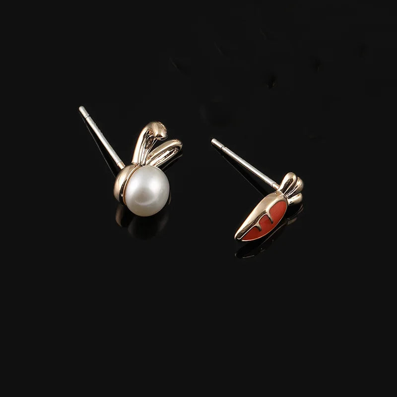 Cute Asymmetric Bunny And Carrot Freshwater Pearl Enamel Alloy Stud & Clip On No Piercing Earrings