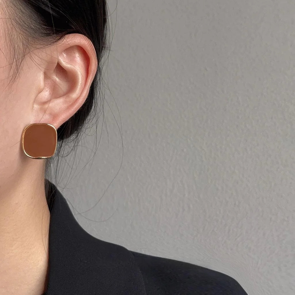 Premium 14K Plated Alloy Geometric Square Black Enamel Stud Earrings