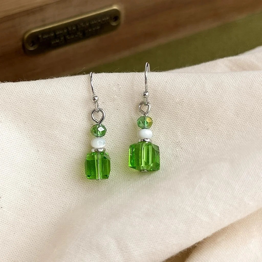 Fresh Green Glass Crystal Imitation Pearl Geometric Round Drop Earrings for Women