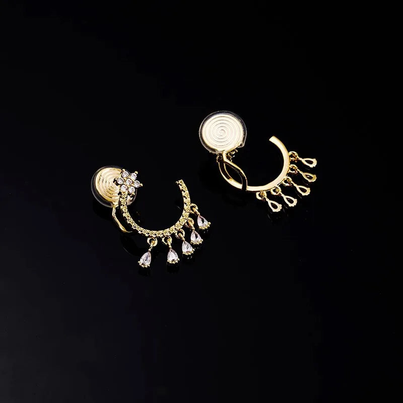 Elegant C Shape Hoop Spiral Disc Stud & Clip On No Piercing Alloy Rhinestone Teardrop Dangle Earrings