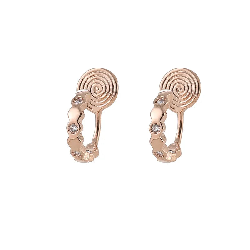 Elegant Rose Gold Honeycomb Spiral C Hoop Alloy Rhinestone Stud & Clip On No Piercing Earrings