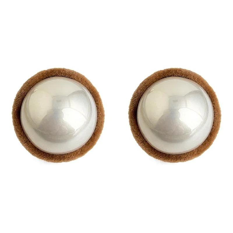 Hong Kong Style Round Geometric Flocked Pearl Stud Earrings For Women