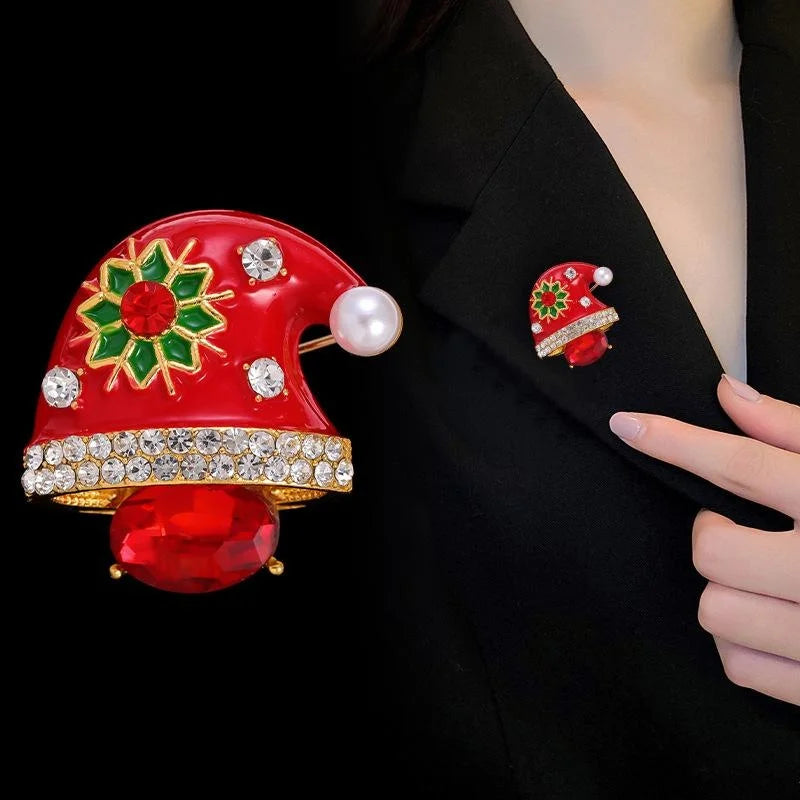 Elegant Enamel Santa Hat Brooch With Rhinestone Flower And Pearl Trim, Christmas Lapel Pin Gift