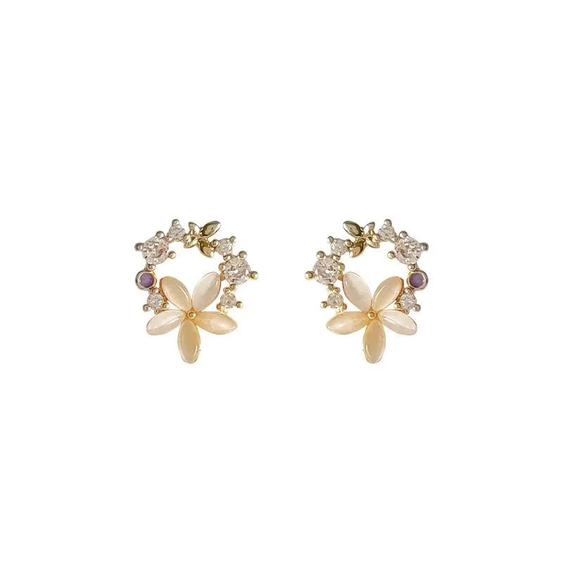 14K Gold Plated Copper Flower Glass Cat Eye Zircon Stud Earrings Sweet Style