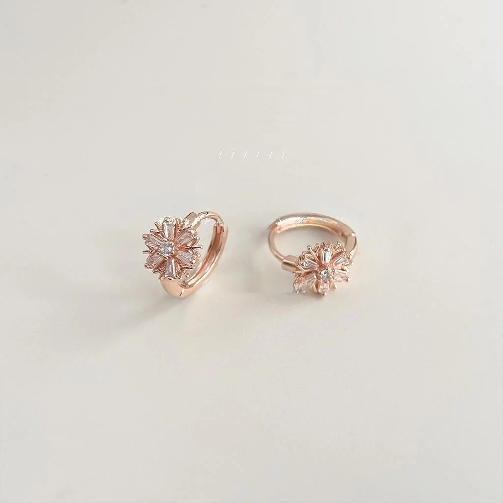 Rose Gold Plated Copper Snowflake Stud Earrings With Micro Pave Zircon Minimalist Style