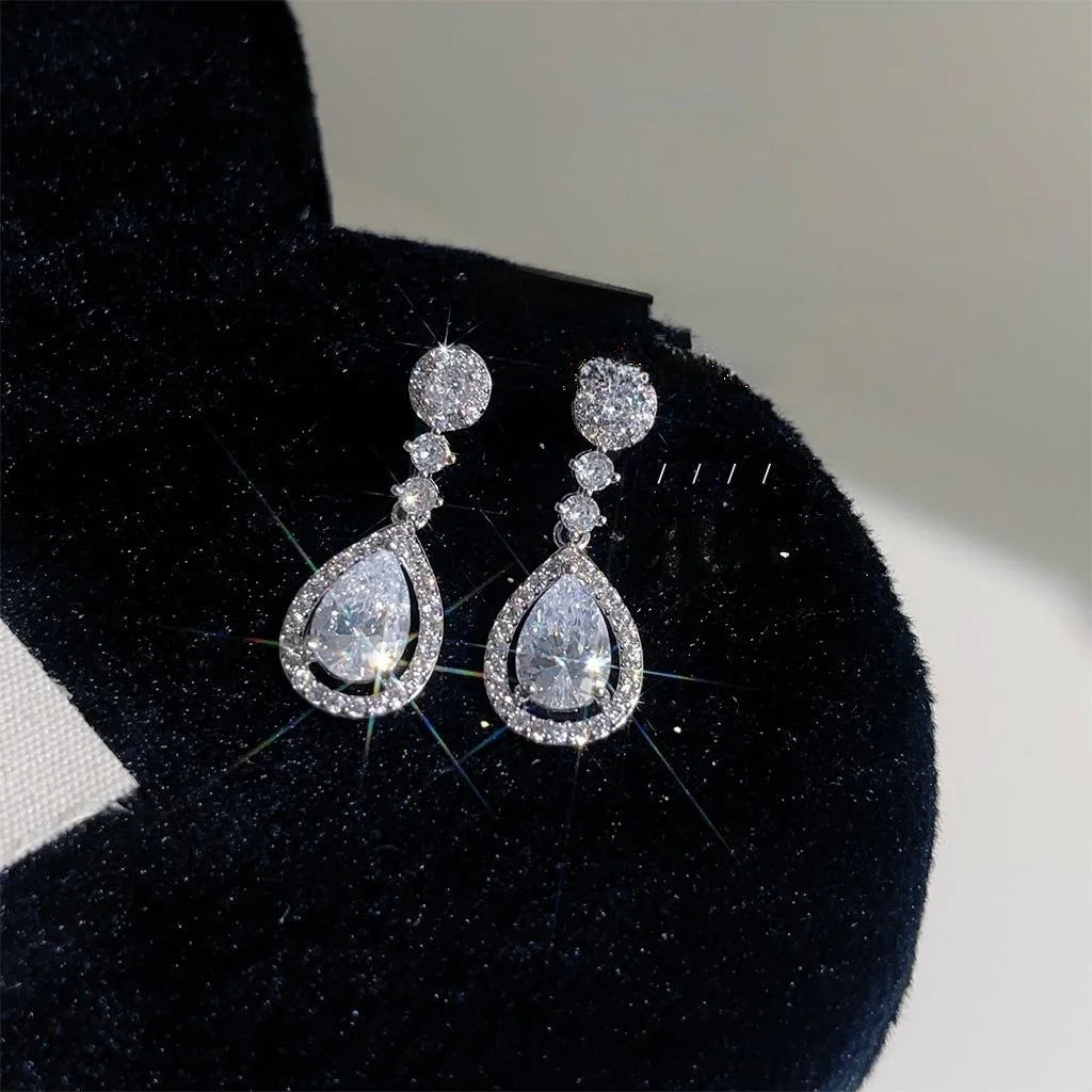 Elegant Long Teardrop Drop Earrings Micro Pave Zircon Copper Evening Jewelry