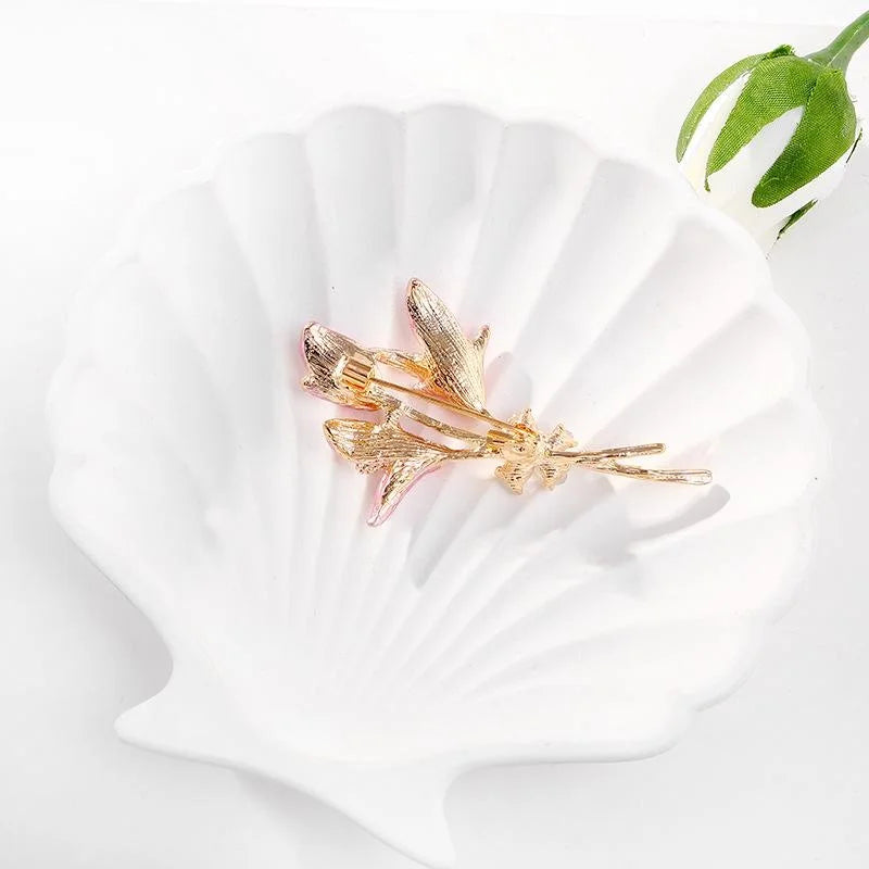 Elegant Pink Enamel Lily Flower Brooch With Rhinestone Butterfly Accent, Gold Alloy Lapel Pin Gift